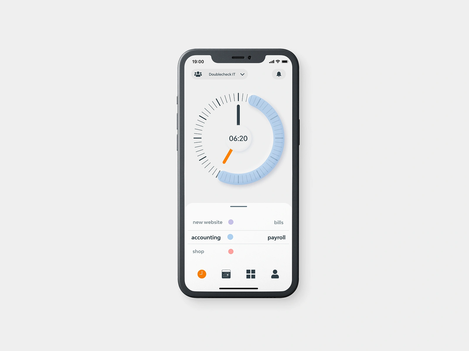 Benutzeroberfläche der TIIME-App, die eine laufende Zeiterfassung anzeigt. Ein prominenter, analog anmutender Timer mit der digitalen Zeitangabe "06:20" dominiert die Ansicht. Unterhalb des Timers sind verschiedene Aufgaben oder Projekte wie "new website" und "bills" aufgelistet. Die Navigationsleiste am unteren Rand ermöglicht den Zugriff auf weitere Funktionen.