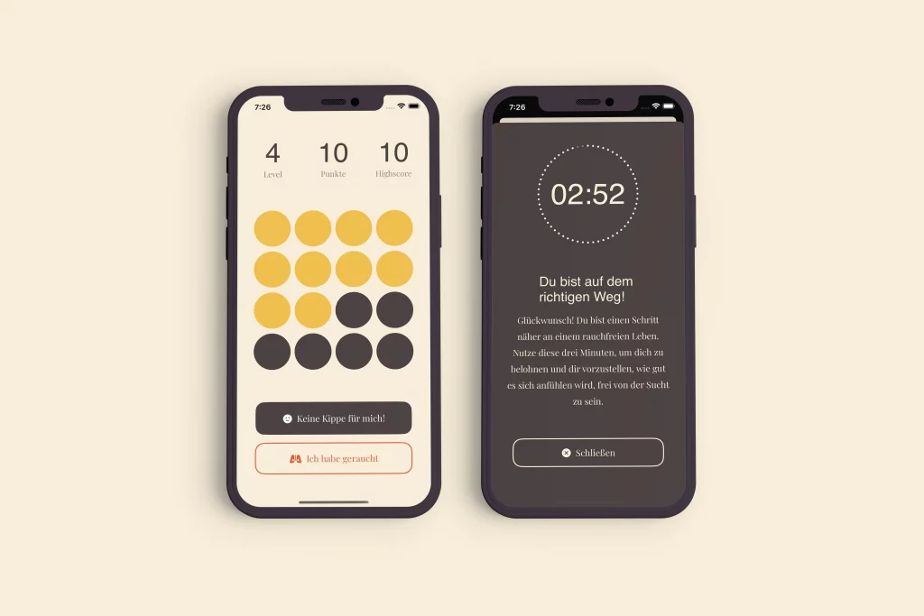 Zwei Smartphone-Bildschirme einer App zur Raucherentwöhnung nebeneinander. Der linke Bildschirm (helles Design) zeigt oben "4 Level", "10 Punkte", "10 Highscore" und ein Raster aus 16 Kreisen, von denen 10 gelb und 6 dunkelgrau gefüllt sind. Darunter die Buttons "Keine Kippe für mich!" (dunkelgrau) und "Ich habe geraucht" (hell). Der rechte Bildschirm (dunkles Design) zeigt einen großen kreisförmigen Timer mit "02:52" und darunter den Motivationstext "Du bist auf dem richtigen Weg! Glückwunsch! Du bist einen Schritt näher an einem rauchfreien Leben..." sowie einen "Schließen"-Button.