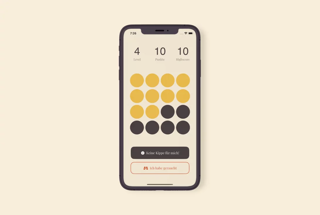 Hauptansicht der "AntiSmoke"-App, die den aktuellen Fortschritt des Nutzers anzeigt: Level 4, 10 Punkte und einen Highscore von 10. Ein Raster aus sechzehn Kreisen visualisiert die 10 erreichten Punkte durch gelbe Füllung. Der Nutzer kann über Buttons deklarieren, ob er rauchfrei bleibt ("Keine Kippe für mich!") oder geraucht hat ("Ich habe geraucht").