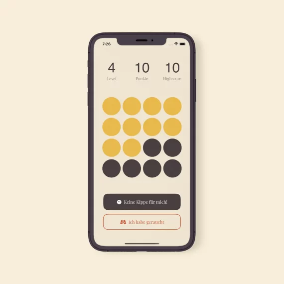 Hauptansicht der "AntiSmoke"-App, die den aktuellen Fortschritt des Nutzers anzeigt: Level 4, 10 Punkte und einen Highscore von 10. Ein Raster aus sechzehn Kreisen visualisiert die 10 erreichten Punkte durch gelbe Füllung. Der Nutzer kann über Buttons deklarieren, ob er rauchfrei bleibt ("Keine Kippe für mich!") oder geraucht hat ("Ich habe geraucht").