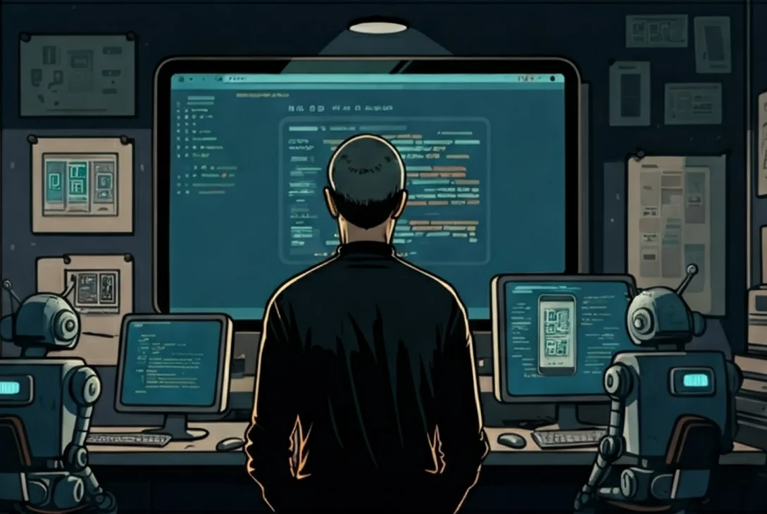 Symbolische Illustration zur App-Entwicklung mit KI: Ein menschlicher Entwickler im Zentrum wird von zwei KI-Robotern an flankierenden Arbeitsplätzen unterstützt. Alle arbeiten an Computern in einem Raum voller Entwurfsskizzen, was die Kollaboration von Mensch und künstlicher Intelligenz im Entwicklungsprozess darstellt.