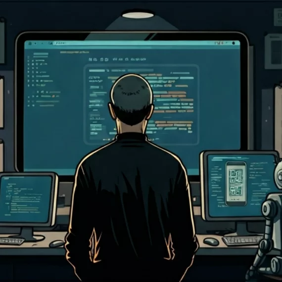 Symbolische Illustration zur App-Entwicklung mit KI: Ein menschlicher Entwickler im Zentrum wird von zwei KI-Robotern an flankierenden Arbeitsplätzen unterstützt. Alle arbeiten an Computern in einem Raum voller Entwurfsskizzen, was die Kollaboration von Mensch und künstlicher Intelligenz im Entwicklungsprozess darstellt.