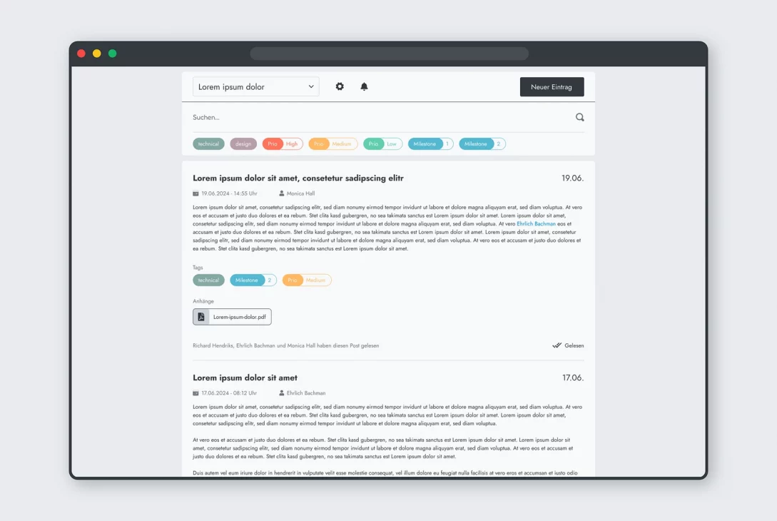 Benutzeroberfläche eines digitalen Projekttagebuchs. Es werden mehrere Einträge mit Titeln, Beschreibungen (Platzhaltertext), Autoren, Zeitstempeln und zugeordneten Tags (wie "technical", "Milestone", "Prio High") angezeigt. Funktionen zum Erstellen eines neuen Eintrags, zum Filtern nach Tags und zur Suche sind im oberen Bereich sichtbar. Ein Eintrag zeigt auch einen Dateianhang und eine Lesebestätigung.