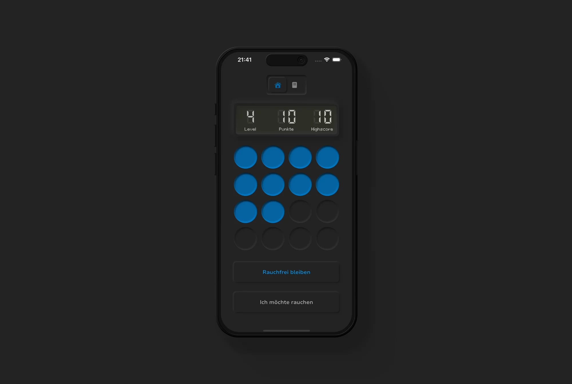 "StreakFree"-App Startbildschirm im Dark Mode: Zeigt aktuellen Spielstand (Level 4, 10 von 10 Punkten im Highscore) und die Auswahlmöglichkeiten "Rauchfrei bleiben" oder "Ich möchte rauchen". Zehn Kreise im Fortschrittsraster sind hellblau gefüllt auf dunklem Grund.