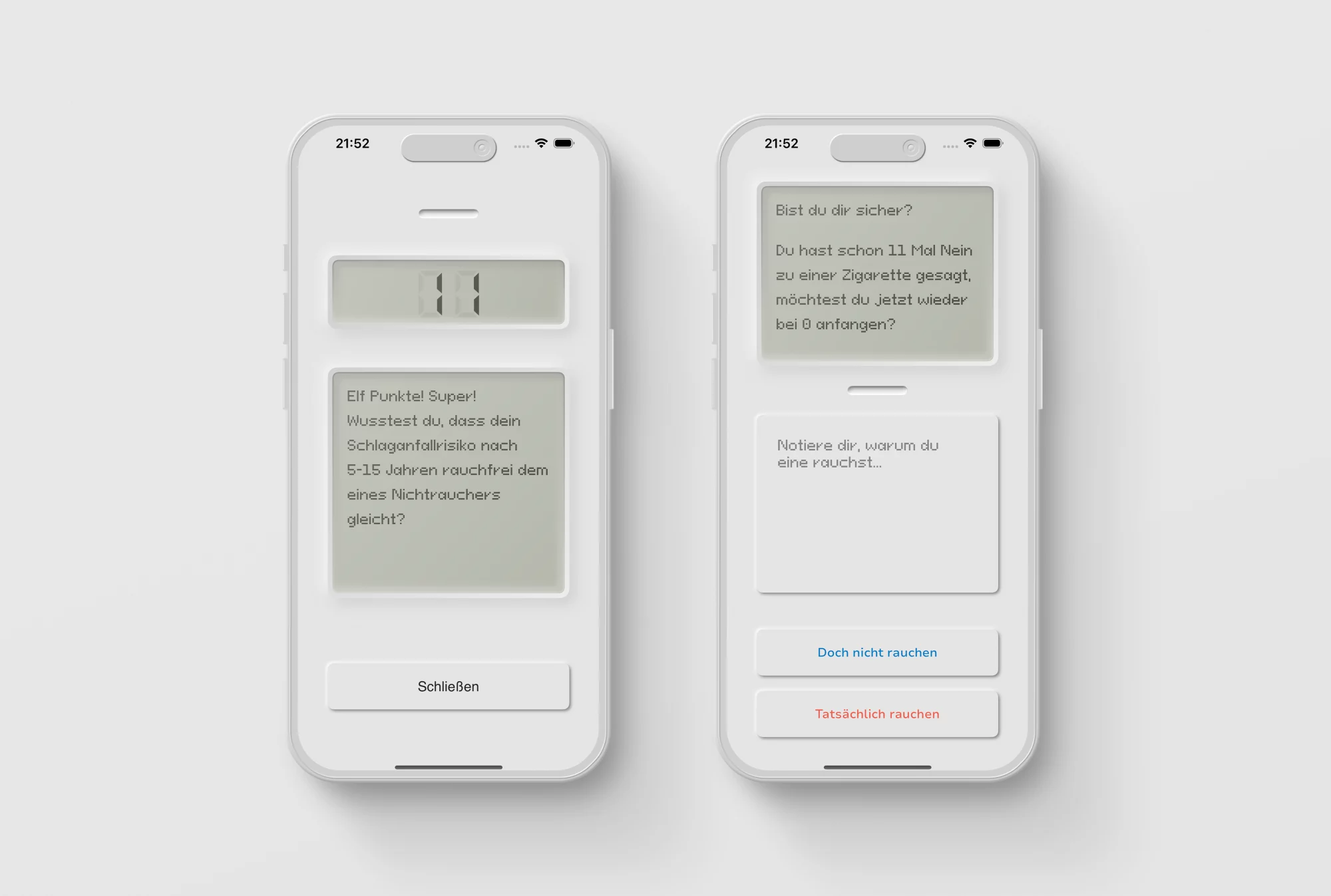 Vergleich zweier Kernfunktionen der "StreakFree"-App: Links ein Motivationsbildschirm, der nach Erreichen von 11 Punkten positive Verstärkung und Gesundheitsinformationen liefert. Rechts ein Reflektionsbildschirm, der bei Rückfallgefahr den Nutzer an bisherige Erfolge (11 Mal widerstanden) erinnert und zur Selbstreflexion auffordert, bevor eine Entscheidung getroffen wird.