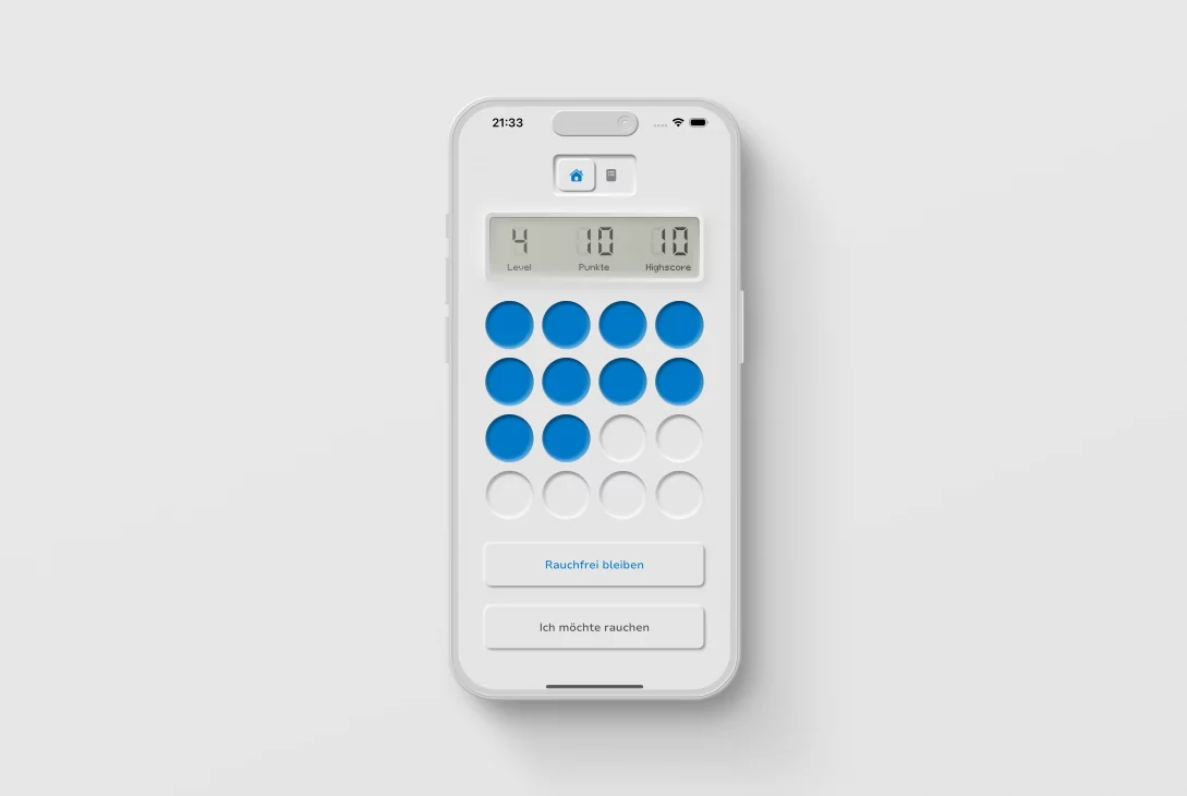 Startbildschirm der "StreakFree"-App auf einem Smartphone. Oben werden "Level 4", "10 Punkte" und "Highscore 10" angezeigt. Darunter befindet sich ein Raster aus 16 Kreisen, von denen die oberen 10 blau gefüllt sind, um den Punktestand zu visualisieren. Am unteren Bildschirmrand gibt es zwei Buttons: "Rauchfrei bleiben" (blauer Text) und "Ich möchte rauchen" (grauer Text).