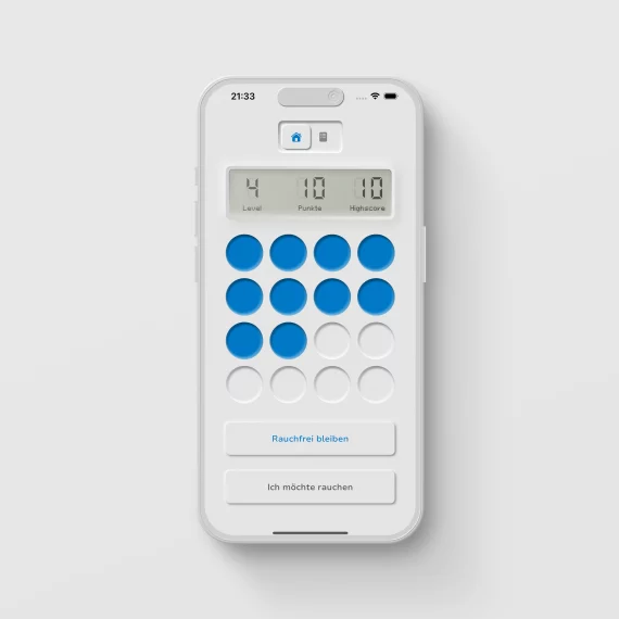 Startbildschirm der "StreakFree"-App auf einem Smartphone. Oben werden "Level 4", "10 Punkte" und "Highscore 10" angezeigt. Darunter befindet sich ein Raster aus 16 Kreisen, von denen die oberen 10 blau gefüllt sind, um den Punktestand zu visualisieren. Am unteren Bildschirmrand gibt es zwei Buttons: "Rauchfrei bleiben" (blauer Text) und "Ich möchte rauchen" (grauer Text).