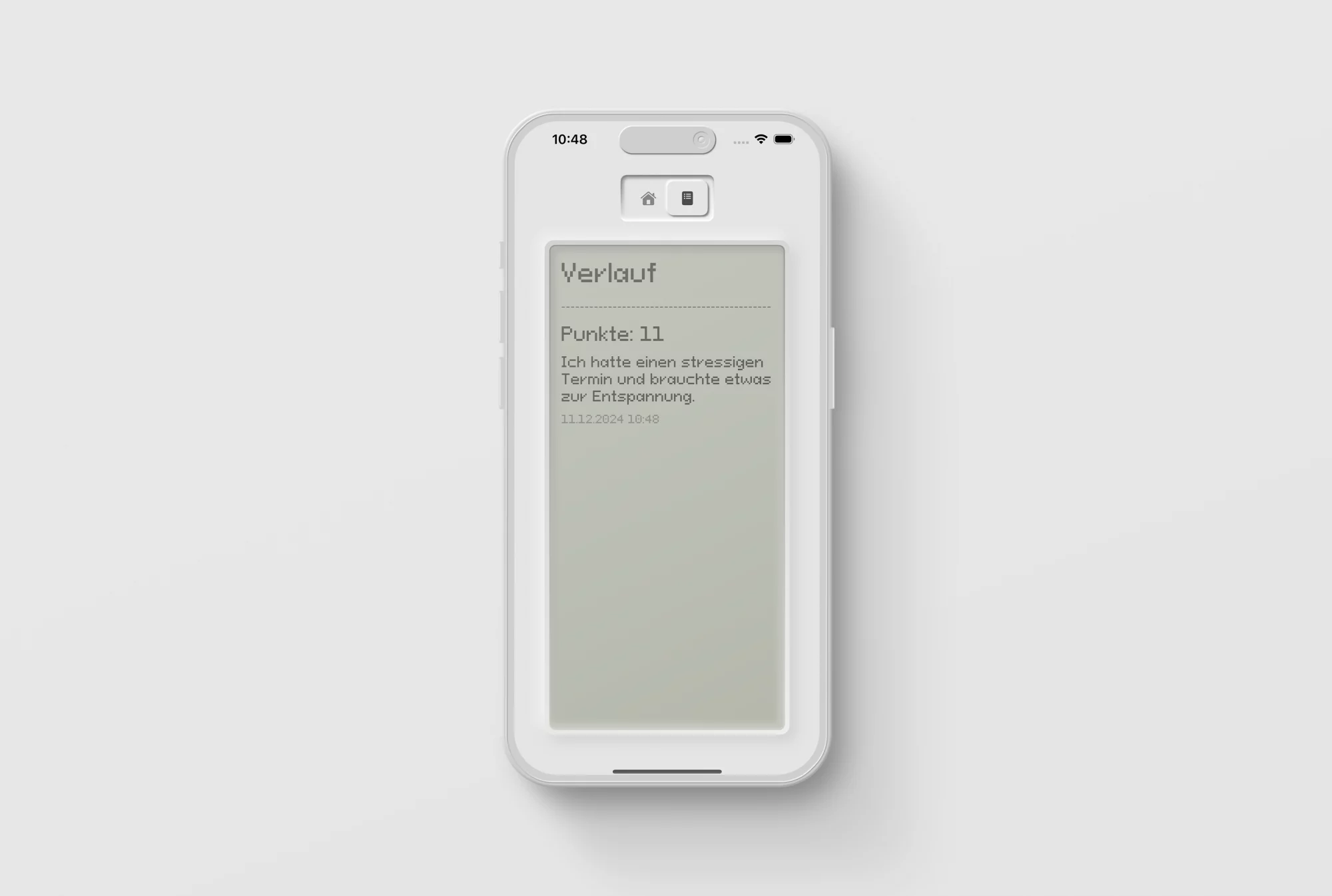 Ansicht des "Verlauf"-Bereichs der "StreakFree"-App auf einem Smartphone. Unter der Überschrift "Verlauf" wird ein einzelner Eintrag dargestellt: "Punkte: 11", gefolgt von dem Text "Ich hatte einen stressigen Termin und brauchte etwas zur Entspannung." und dem Zeitstempel "11.12.2024 10:48". In der oberen Navigationsleiste ist das Listen-Symbol (für Verlauf/Statistiken) hervorgehoben.