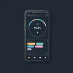 Redesign-Ansicht der TIIME Zeiterfassungs-App im Dark Mode auf einem Smartphone. Ein großer, kreisförmiger Timer zeigt prominent "Tag 09:45" und darunter größer "01:45" an, umgeben von einem bunten, segmentierten Ring, der verschiedene Zeitabschnitte darstellt. Unter dem Timer befindet sich der Bereich "Tätigkeiten" mit farbigen Tags wie "Marketing" (orange), "Deployment" (grün), "Backlog" (blau) und "Programmieren" (pink) sowie eine Suchleiste. Die untere Navigationsleiste enthält vier Icons, wobei das linke "Uhr"-Symbol orange hervorgehoben ist.