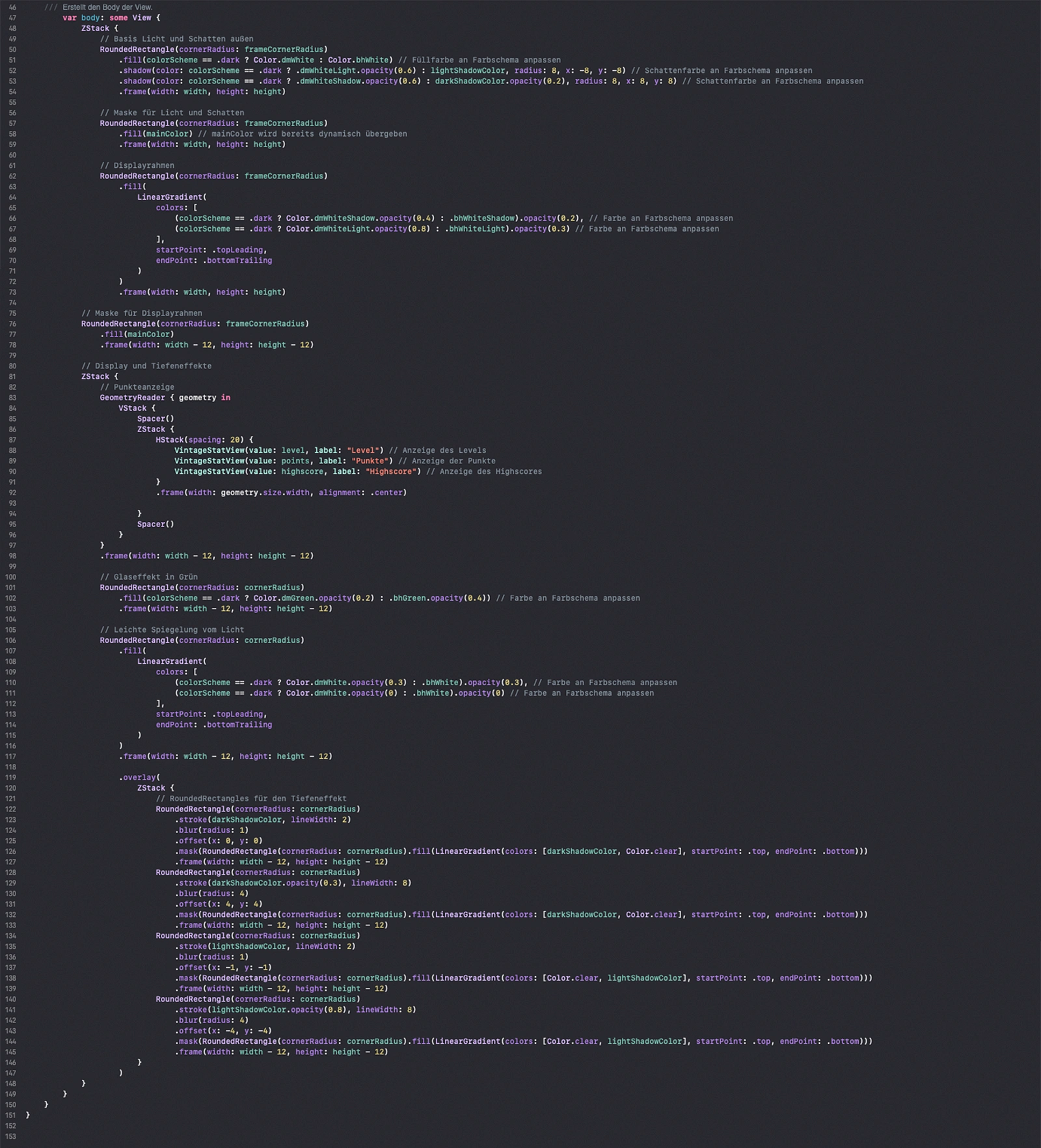 Fortsetzung des Swift-Codes für eine benutzerdefinierte SwiftUI-Ansicht, die eine Benutzeroberfläche mit Neumorphismus-ähnlichen Effekten erstellt. Der Codeausschnitt (Zeilen ca. 49-153) zeigt die Implementierung von Anzeigelementen für Spielstatistiken (Level, Punkte, Highscore) und die Erzeugung von visuellen Tiefeneffekten für ein Raster. Dies wird durch eine komplexe Verschachtelung von RoundedRectangles, die Anwendung von Farbverläufen (LinearGradient), Schatten (shadow) und Überlagerungen (overlay) erreicht.