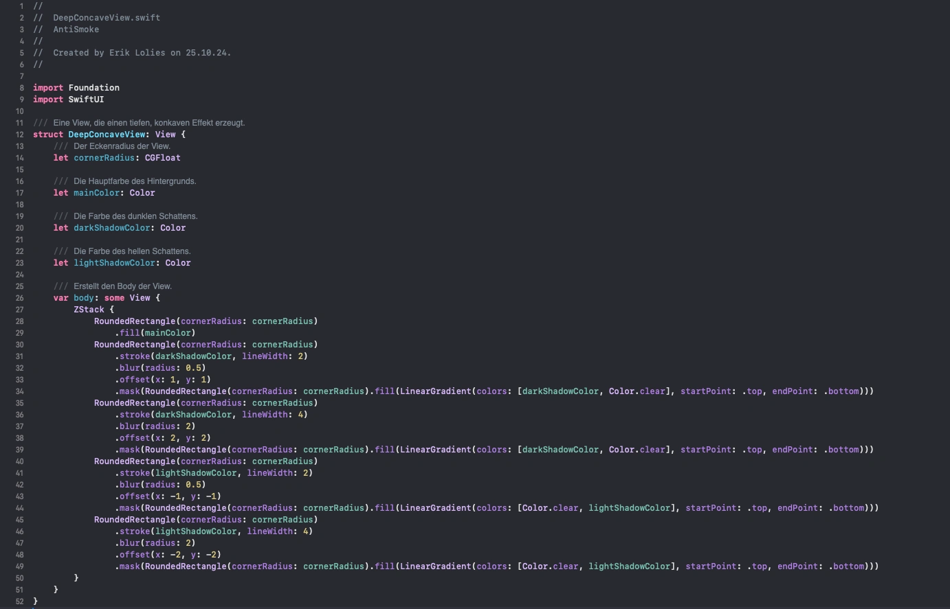 Swift-Code für eine benutzerdefinierte SwiftUI View namens "DeepConcaveView". Diese Ansicht, erstellt von Erik Lolies, erzeugt einen konkaven 3D-Effekt durch die Überlagerung mehrerer abgerundeter Rechtecke mit Farbverläufen und Schatten, um Licht- und Schatteneffekte zu simulieren. Der Code zeigt die Definition der Struktur, ihrer Eigenschaften (wie Farben und Eckradius) und die Implementierung des visuellen Effekts im body.
