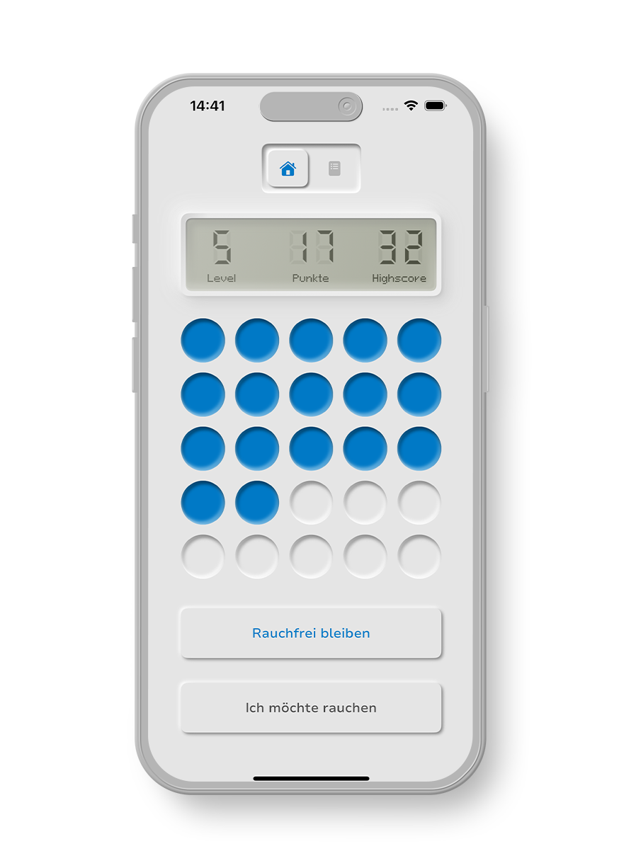 Startbildschirm der "StreakFree"-App auf einem Smartphone: Oben werden "Level 5", "17 Punkte" und "Highscore 32" angezeigt. Darunter befindet sich ein Raster aus Kreisen, von denen die ersten 17 blau gefüllt sind. Am unteren Bildschirmrand gibt es zwei Buttons: "Rauchfrei bleiben" und "Ich möchte rauchen".