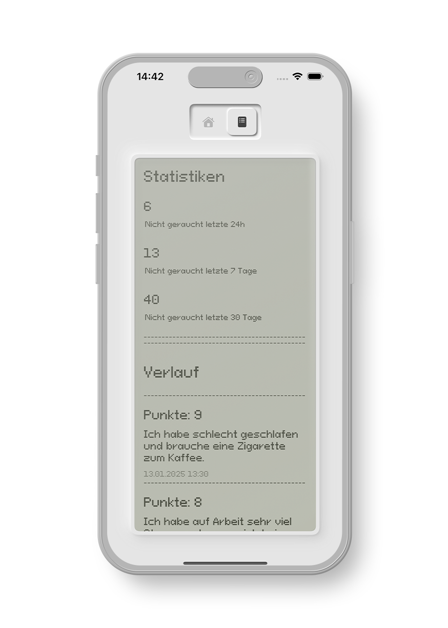 Screenshot der Smartphone-App "StreakFree", die Statistiken und einen Verlaufs-Log anzeigt. Im Bereich "Statistiken" steht "6 Nicht geraucht letzte 24h", "13 Nicht geraucht letzte 7 Tage" und "40 Nicht geraucht letzte 30 Tage". Der "Verlauf" zeigt Einträge wie "Punkte: 9 Ich habe schlecht geschlafen und brauche eine Zigarette zum Kaffee." mit Datum (13.01.2025) und Uhrzeit.