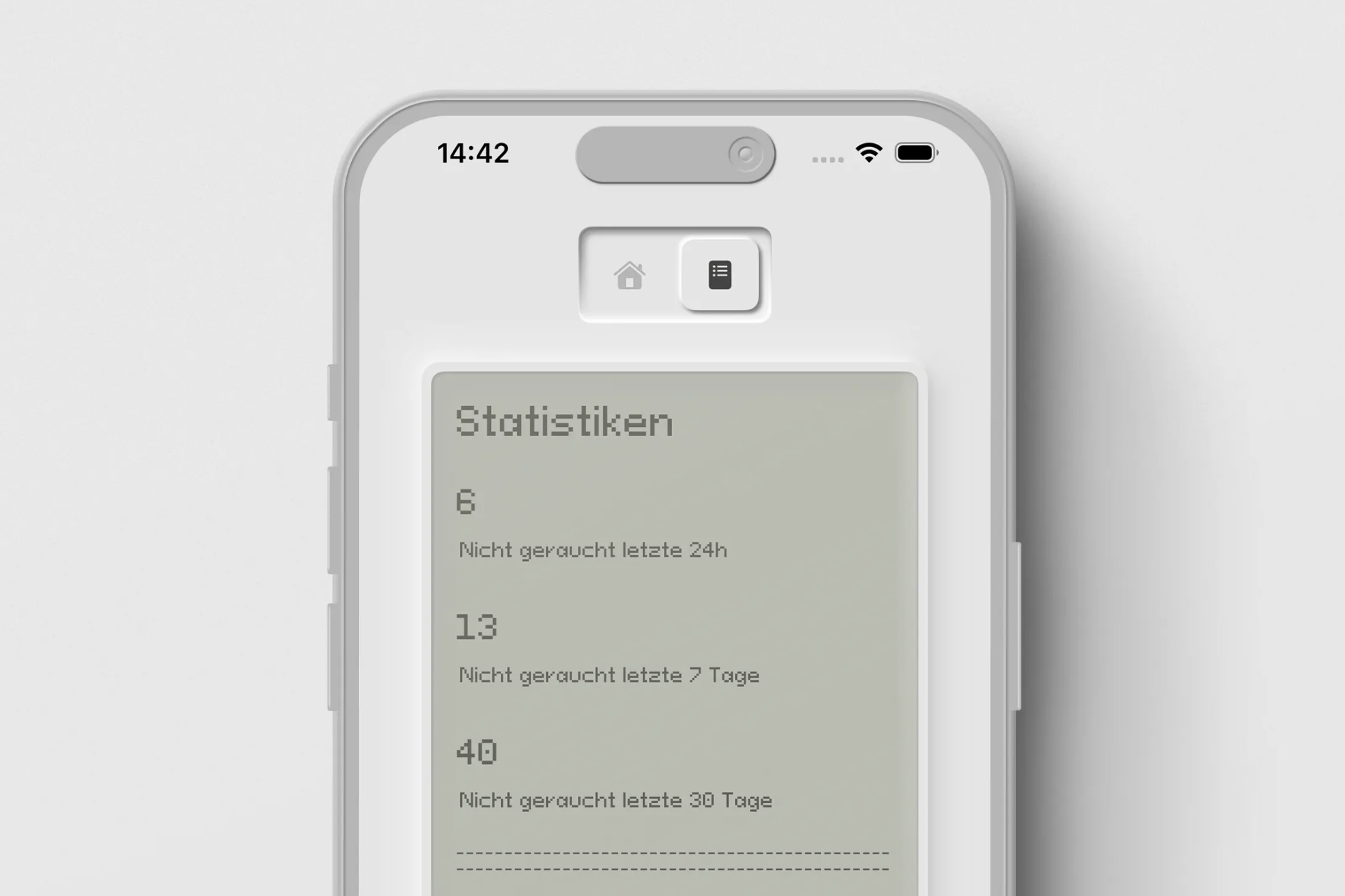 Nahaufnahme des oberen Teils eines Smartphone-Bildschirms. Eine App zeigt den Abschnitt "Statistiken" mit Einträgen für "Nicht geraucht letzte 24h: 6", "Nicht geraucht letzte 7 Tage: 13" und "Nicht geraucht letzte 30 Tage: 40".