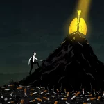 Symbolische Darstellung der Raucherentwöhnung: Eine Figur erklimmt mühsam einen Berg aus Zigarettenstummeln, als Metapher für die Schwierigkeit des Aufhörens. Das Ziel auf dem Gipfel ist eine strahlend gesunde, goldene Lunge.