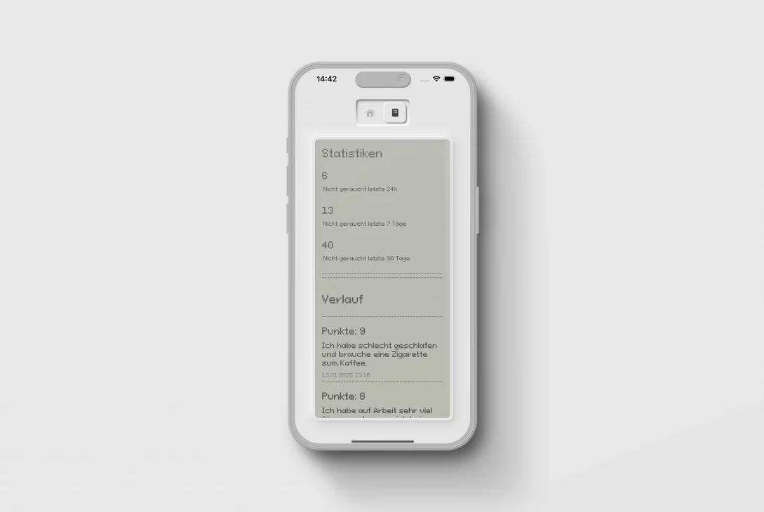Screenshot einer App auf einem Smartphone. Die App zeigt oben Statistiken über verschiedene Zeiträume (z.B. 24h, 7 Tage, 30 Tage) und unten einen Verlauf mit Einträgen, die jeweils eine Punktzahl ("Punkte: 8") und eine kurze Notiz (z.B. "Ich habe schlecht geschlafen...") enthalten.