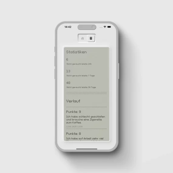 Screenshot einer App auf einem Smartphone. Die App zeigt oben Statistiken über verschiedene Zeiträume (z.B. 24h, 7 Tage, 30 Tage) und unten einen Verlauf mit Einträgen, die jeweils eine Punktzahl ("Punkte: 8") und eine kurze Notiz (z.B. "Ich habe schlecht geschlafen...") enthalten.