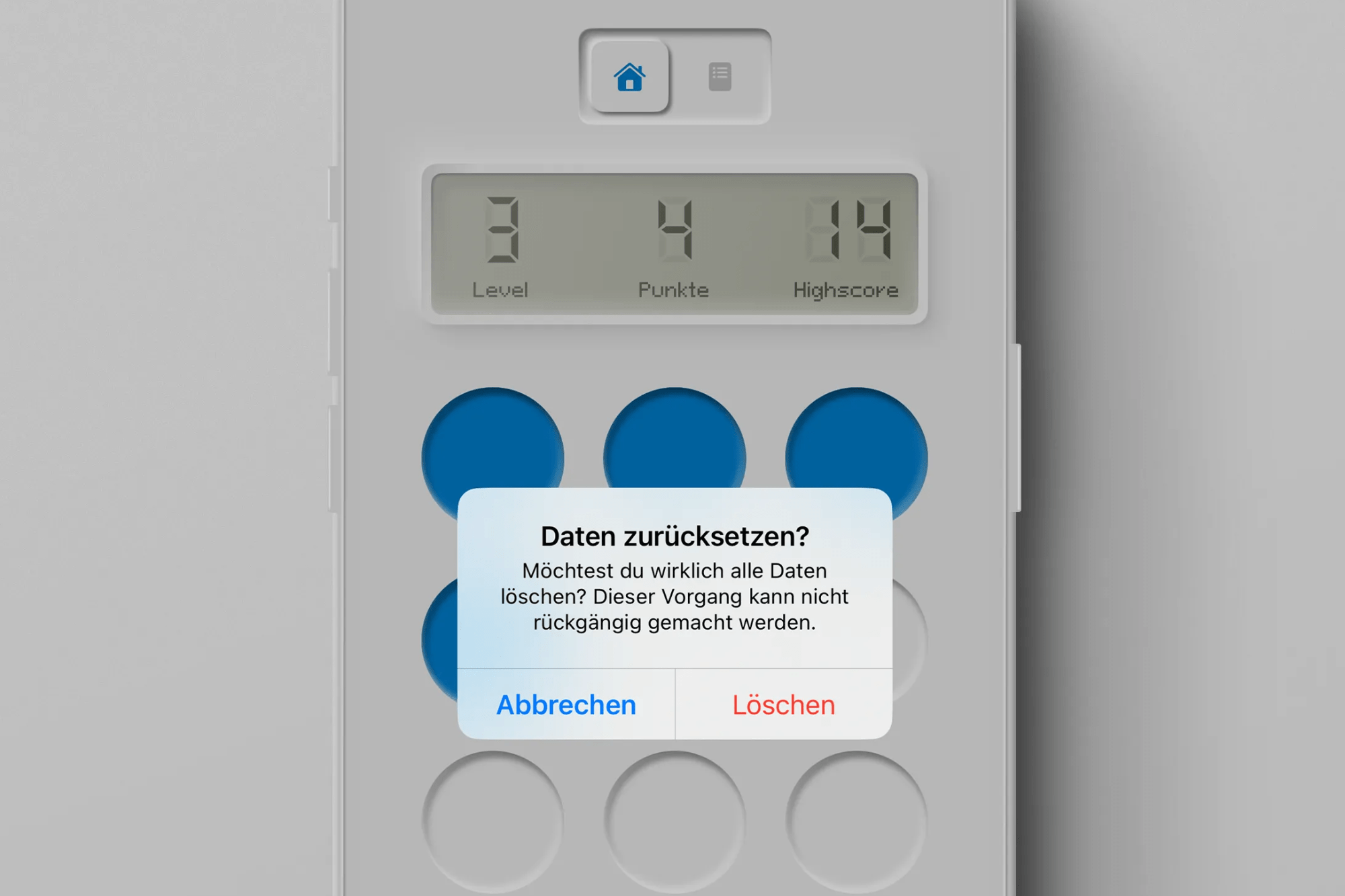 Screenshot einer App (zeigt Level 3, 4 Punkte, Highscore 14) mit einem überlagerten Pop-up-Fenster. Das Fenster fragt, ob alle Daten gelöscht werden sollen, warnt vor der Endgültigkeit und bietet die Optionen "Abbrechen" und "Löschen".