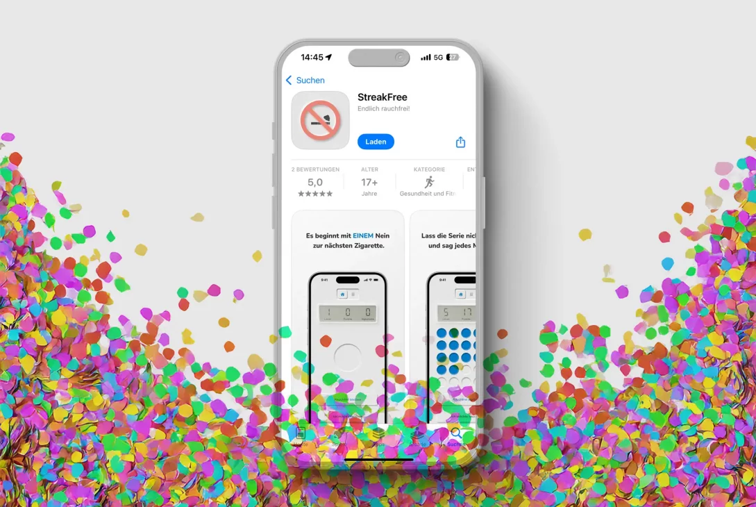 Mit Vibe-Coding in den AppStore? Ja, die "StreakFree"-App ist im Apple App Store erhältlich! Dieses Bild feiert den Launch mit Konfetti und zeigt drei iPhone-Mockups, die die Funktionen der App illustrieren: Fortschritts-Tracking, ein Reflektions-Tool und eine Verlaufsübersicht.