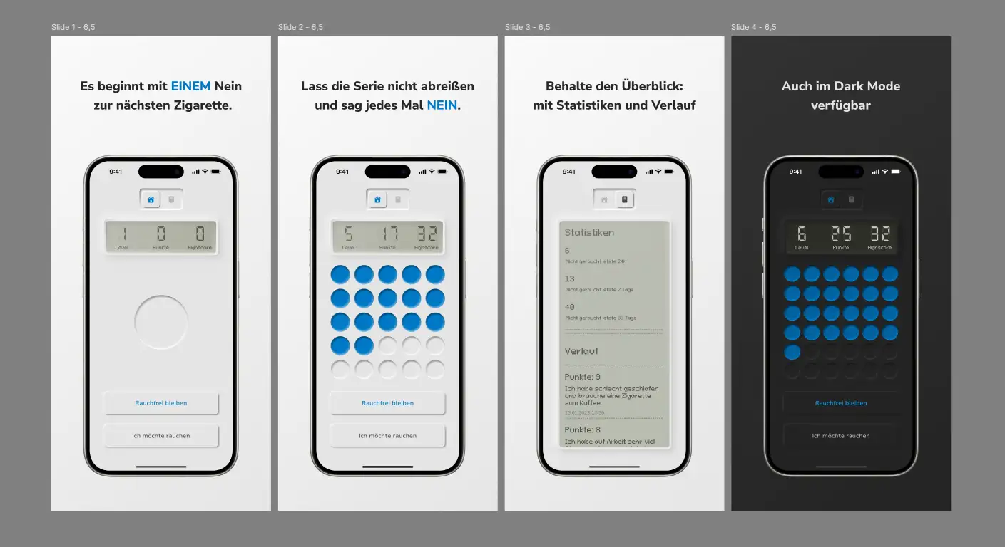 Screenshot der Figma-Designoberfläche im Dark Mode, die die Erstellung von App Store Bildern für die "StreakFree"-App zeigt. Auf der Arbeitsfläche sind vier Artboards mit unterschiedlichen Designs sichtbar: Das erste zeigt den App-Startbildschirm mit dem Text "Es beginnt mit EINEM Nein zur nächsten Zigarette.". Das zweite zeigt den Statistik- und Verlaufsbildschirm mit "Behalte den Überblick: mit Statistiken und Verlauf". Das dritte zeigt den Reflektionsbildschirm mit "Lass die Serie nicht abreißen und sag jedes Mal NEIN.". Das vierte zeigt den App-Startbildschirm im Dark Mode mit "Auch im Dark Mode verfügbar".
