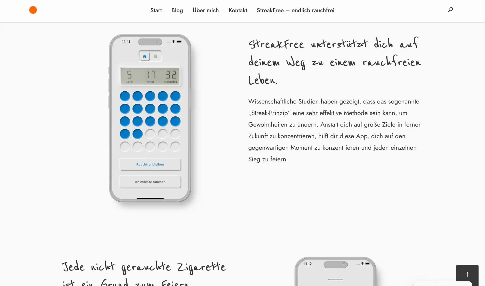 Landingpage der "StreakFree"-App, die die Vorteile und Funktionen der App zur Raucherentwöhnung präsentiert. Ein iPhone-Mockup zeigt die App in Aktion neben einer einleitenden Überschrift und einem Download-Button für den App Store. Ein weiterer Bereich illustriert mit Icons und kurzen Texten die Kernaspekte der App: Motivation, Reflexion und Statistik.