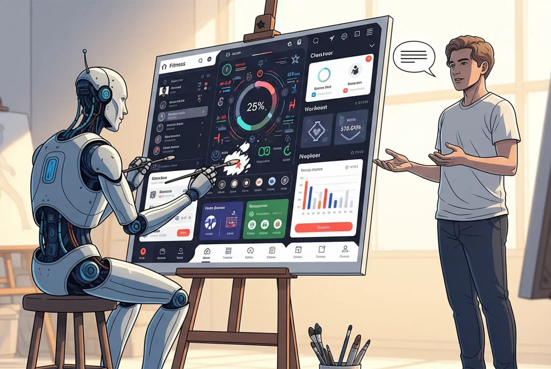 Symbolische Darstellung der Zusammenarbeit von Mensch und KI im UI/UX-Design (Google Stitch): Ein Roboter (als KI) "malt" eine komplexe App-Oberfläche auf eine digitale Leinwand, während ein Mensch danebensteht und Anweisungen gibt. Dies illustriert die kreative Kollaboration zwischen menschlicher Idee und künstlicher Intelligenz bei der Erstellung von digitalen Produkten.