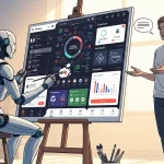 Symbolische Darstellung der Zusammenarbeit von Mensch und KI im UI/UX-Design (Google Stitch): Ein Roboter (als KI) "malt" eine komplexe App-Oberfläche auf eine digitale Leinwand, während ein Mensch danebensteht und Anweisungen gibt. Dies illustriert die kreative Kollaboration zwischen menschlicher Idee und künstlicher Intelligenz bei der Erstellung von digitalen Produkten.