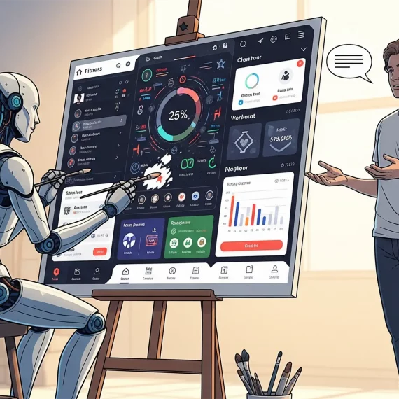 Symbolische Darstellung der Zusammenarbeit von Mensch und KI im UI/UX-Design (Google Stitch): Ein Roboter (als KI) "malt" eine komplexe App-Oberfläche auf eine digitale Leinwand, während ein Mensch danebensteht und Anweisungen gibt. Dies illustriert die kreative Kollaboration zwischen menschlicher Idee und künstlicher Intelligenz bei der Erstellung von digitalen Produkten.