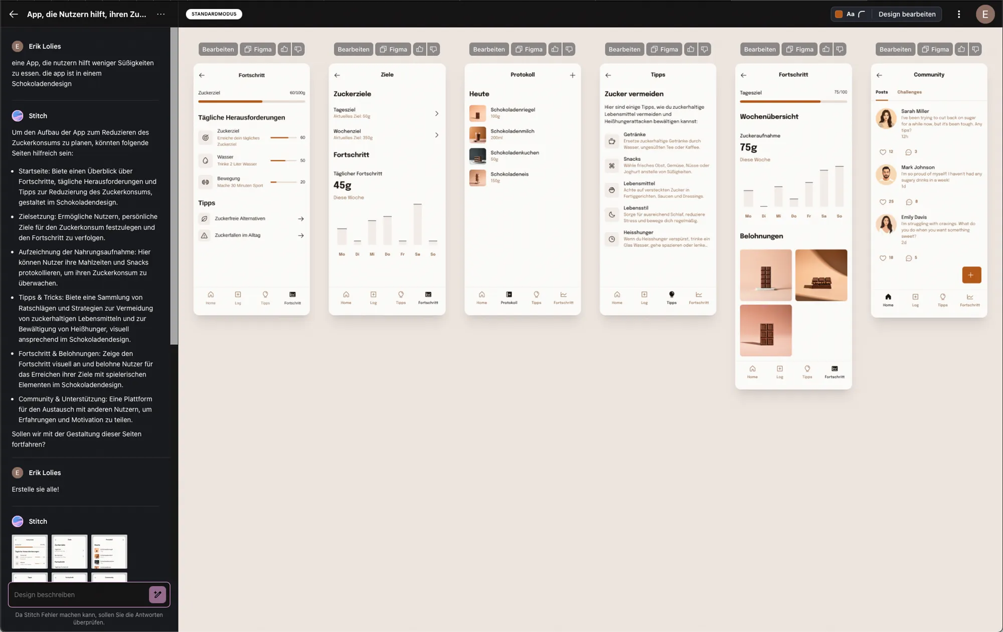 Darstellung eines KI-gestützten Designprozesses für eine App zur Zuckerkontrolle. Links ist die textliche Beschreibung ("Prompt") zu sehen, die die Funktionen der App definiert. Rechts daneben die visuellen Ergebnisse: eine Reihe von sieben detaillierten iPhone-App-Bildschirmen, die von der KI entworfen wurden und alle geforderten Features wie Ziele, Protokoll, Fortschritt und Community zeigen.