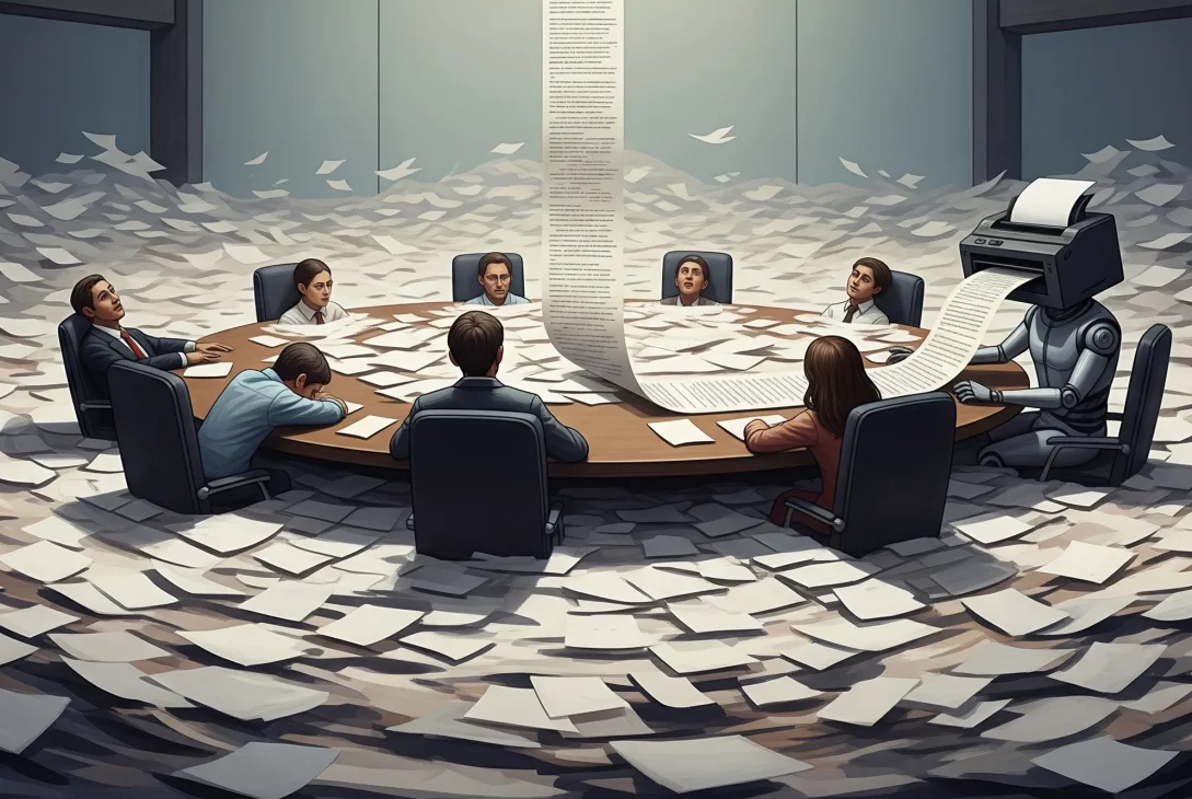 Illustration eines surrealen Sitzungszimmers: Sechs müde aussehende Personen sitzen an einem runden Tisch, während der gesamte Raum in Papierbergen versinkt. Auf der rechten Seite sitzt ein Roboter, dessen Kopf ein Drucker ist, der endlos ein langes Protokoll ausdruckt, das sich von der Decke bis auf den Tisch erstreckt.
