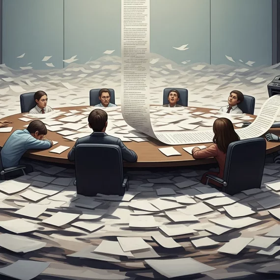 Illustration eines surrealen Sitzungszimmers: Sechs müde aussehende Personen sitzen an einem runden Tisch, während der gesamte Raum in Papierbergen versinkt. Auf der rechten Seite sitzt ein Roboter, dessen Kopf ein Drucker ist, der endlos ein langes Protokoll ausdruckt, das sich von der Decke bis auf den Tisch erstreckt.