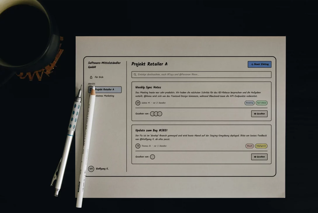 Ein Projekttagebuch im skizzenhaften Design, das als Beispiel für Domain-Driven Design dient. Die App zeigt Einträge für "Projekt Retailer A" mit Details zu Meetings und Bugs, die von Teammitgliedern mit Tags versehen wurden. Die Darstellung erfolgt auf einem Schreibtisch mit Kaffee und Stiften.
