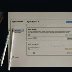 Ein Projekttagebuch im skizzenhaften Design, das als Beispiel für Domain-Driven Design dient. Die App zeigt Einträge für "Projekt Retailer A" mit Details zu Meetings und Bugs, die von Teammitgliedern mit Tags versehen wurden. Die Darstellung erfolgt auf einem Schreibtisch mit Kaffee und Stiften.