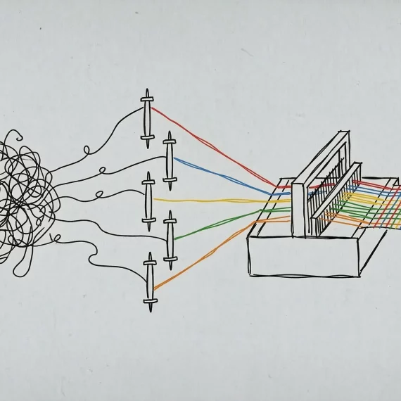Eine symbolische Illustration, die den Weg von chaotischem Code zu geprüfter Qualität zeigt. Links ein Knäuel aus chaotischen, verworrenen Linien (sinnbildlich für die Codebase). Fünf farbige Fäden (rot, blau, grün, gelb, lila) laufen aus dem Chaos durch fünf mechanische Spindeln (Analyse-Stufen) und werden in einer komplexen Webmaschine (Audit-Loom) zu einem fehlerfreien, strukturierten Stoff gewebt, der alle fünf Farben in einem geordneten Design vereint. Der gesamte Ablauf steht sinnbildlich für den im Beitrag erklärten KI-unterstützten Workflow für Code Audits.