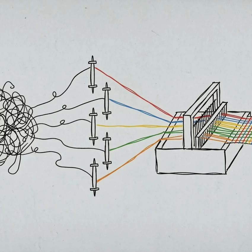 Eine symbolische Illustration, die den Weg von chaotischem Code zu geprüfter Qualität zeigt. Links ein Knäuel aus chaotischen, verworrenen Linien (sinnbildlich für die Codebase). Fünf farbige Fäden (rot, blau, grün, gelb, lila) laufen aus dem Chaos durch fünf mechanische Spindeln (Analyse-Stufen) und werden in einer komplexen Webmaschine (Audit-Loom) zu einem fehlerfreien, strukturierten Stoff gewebt, der alle fünf Farben in einem geordneten Design vereint. Der gesamte Ablauf steht sinnbildlich für den im Beitrag erklärten KI-unterstützten Workflow für Code Audits.