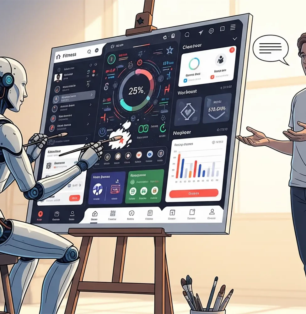 Symbolische Darstellung der Zusammenarbeit von Mensch und KI im UI/UX-Design (Google Stitch): Ein Roboter (als KI) "malt" eine komplexe App-Oberfläche auf eine digitale Leinwand, während ein Mensch danebensteht und Anweisungen gibt. Dies illustriert die kreative Kollaboration zwischen menschlicher Idee und künstlicher Intelligenz bei der Erstellung von digitalen Produkten.