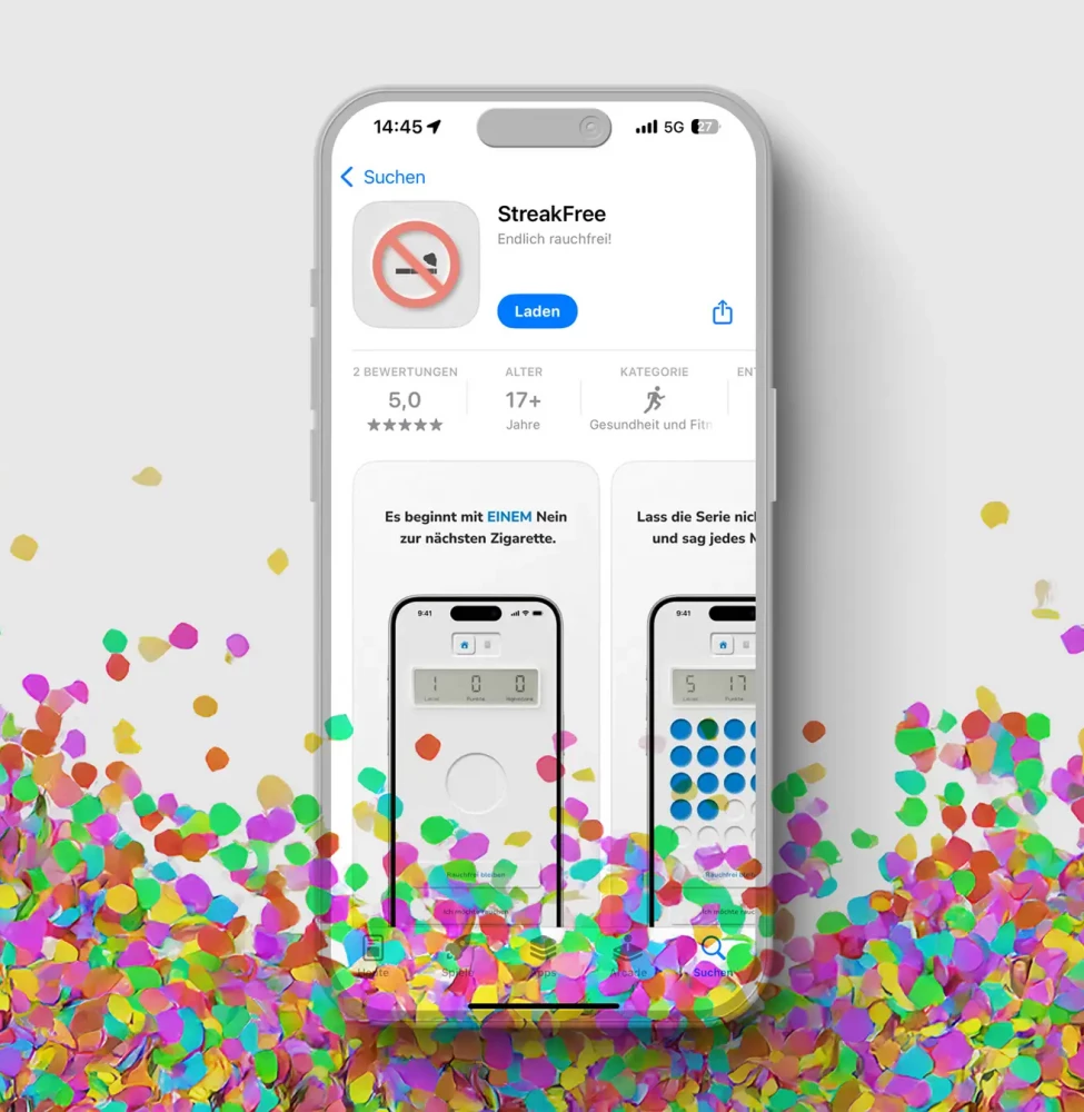Mit Vibe-Coding in den AppStore? Ja, die "StreakFree"-App ist im Apple App Store erhältlich! Dieses Bild feiert den Launch mit Konfetti und zeigt drei iPhone-Mockups, die die Funktionen der App illustrieren: Fortschritts-Tracking, ein Reflektions-Tool und eine Verlaufsübersicht.