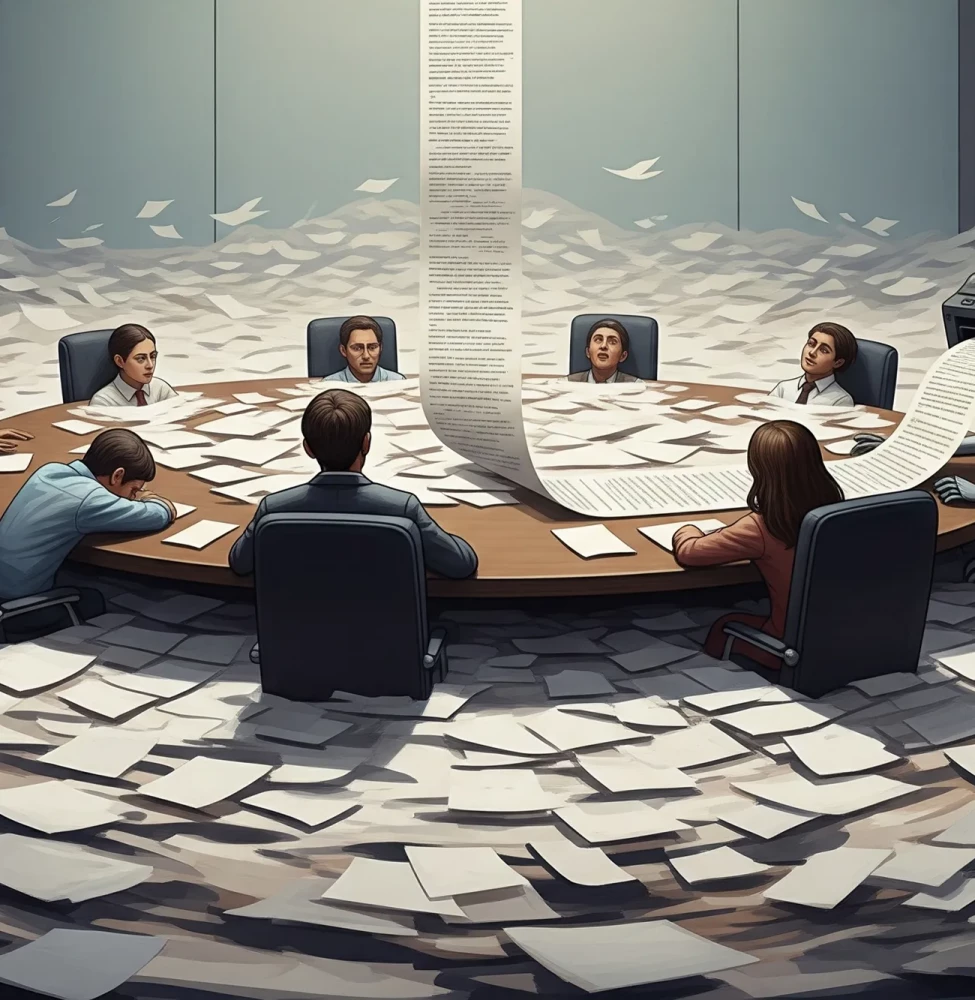 Illustration eines surrealen Sitzungszimmers: Sechs müde aussehende Personen sitzen an einem runden Tisch, während der gesamte Raum in Papierbergen versinkt. Auf der rechten Seite sitzt ein Roboter, dessen Kopf ein Drucker ist, der endlos ein langes Protokoll ausdruckt, das sich von der Decke bis auf den Tisch erstreckt.